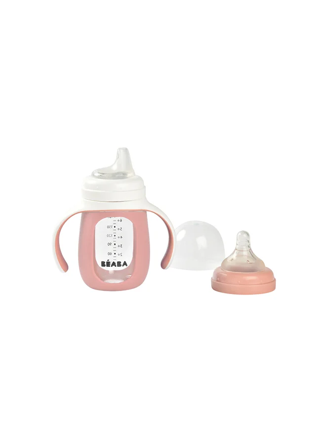 BEABA 2 In 1 Bottle To Sippy Learning Sippy Cup With Bottle And Soft Silicone Spout, 7 Oz (Rose)