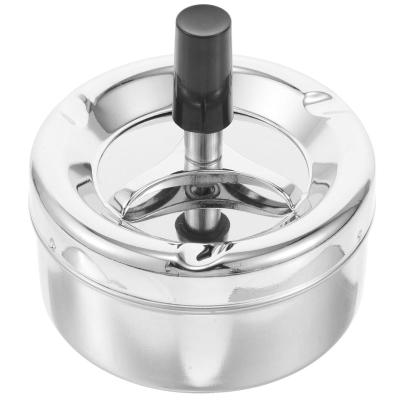 Push Down Metal Ashtray with Covered Spinning Tray Smokeless Desktop Silver Round Smoke Butt Holder - Image 2