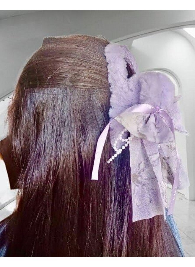 QUILBOOL Korean Fashion Faux Fur Hair Claw with Elegant RIBBON Bow - Perfect Hair Clipper for Women & Girls PACK OF 2 MULTICOLOR - Image 1
