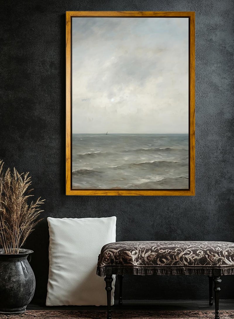 LOWHA Canvas Wall Art Stretched Over Wooden Frame with Wooden Color Floating Frame and Vintage Style Sea Waves Painting - Image 1