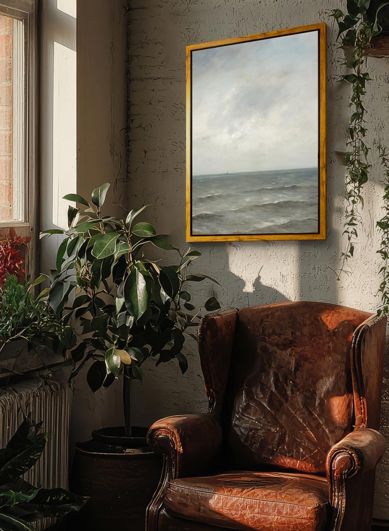 LOWHA Canvas Wall Art Stretched Over Wooden Frame with Wooden Color Floating Frame and Vintage Style Sea Waves Painting - Image 2