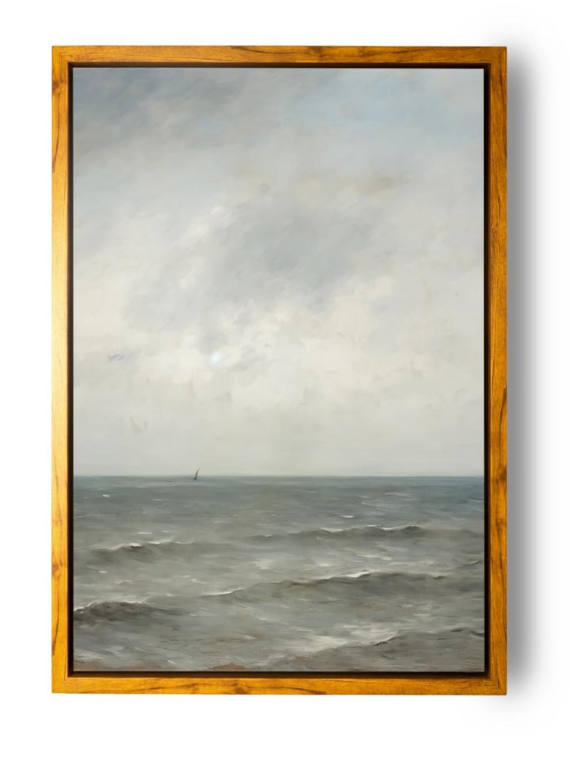 LOWHA Canvas Wall Art Stretched Over Wooden Frame with Wooden Color Floating Frame and Vintage Style Sea Waves Painting - Image 5