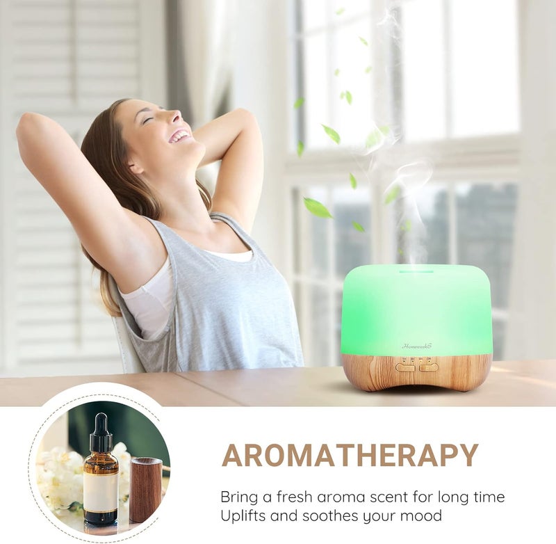 Homeweeks 300ml Essential Oil Diffuser, Quiet Aromatherapy Mist Diffusers for Essential Oils, Wood Grain, Ultrasonic, Remote Control, Timer, 7 Colors Light for Bedroom (300ml) - Image 4