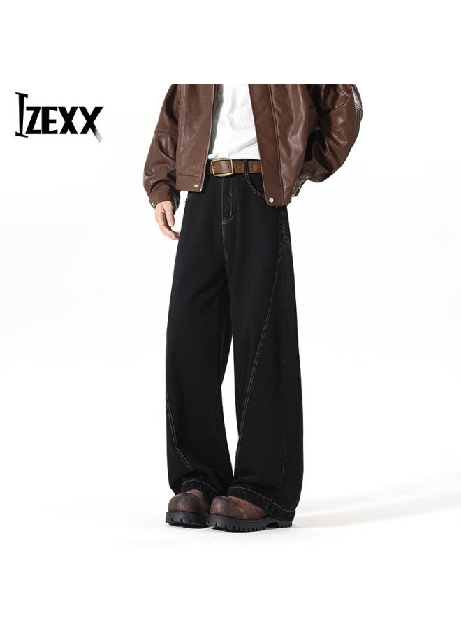 Izexx American Casual High Street Men's Jeans Spring Washed Loose Straight Wide-leg Pants Jx51 Black L - Image 1