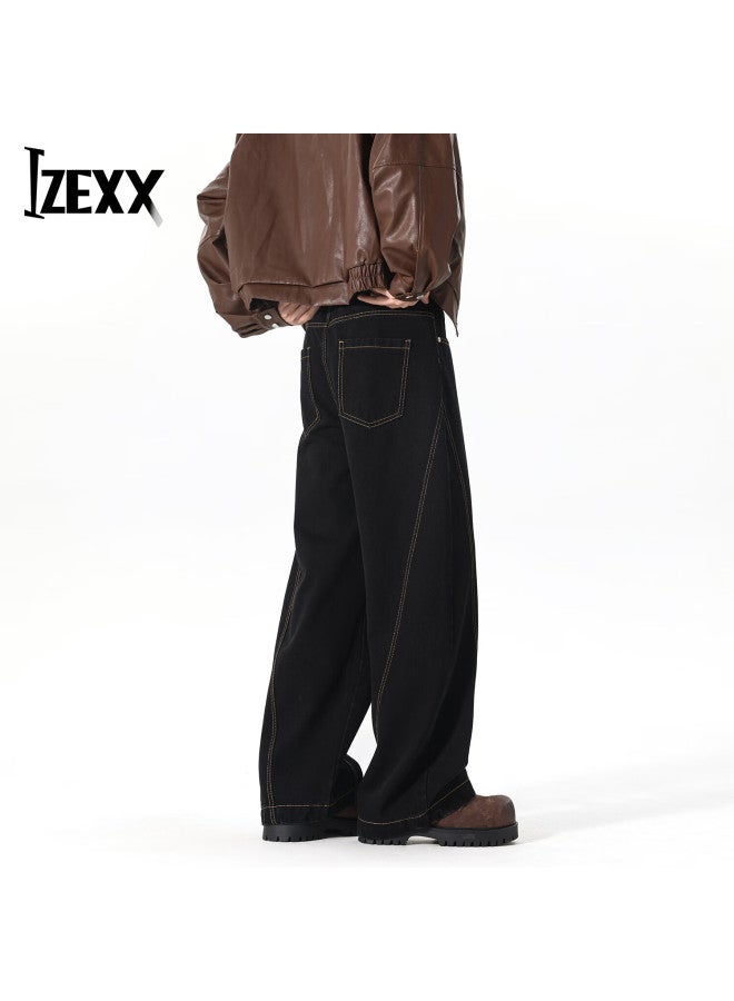 Izexx American Casual High Street Men's Jeans Spring Washed Loose Straight Wide-leg Pants Jx51 Black L - Image 4