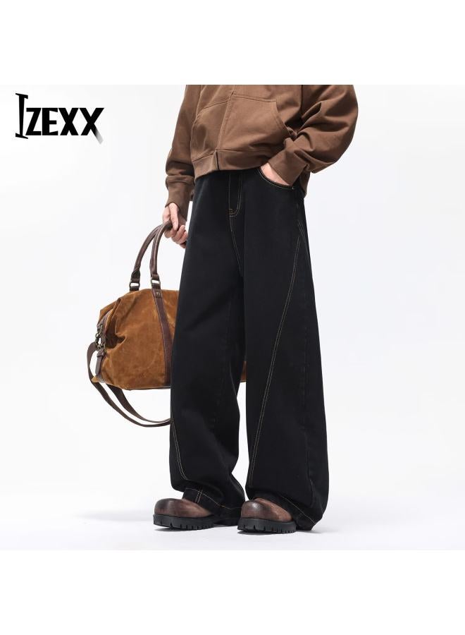 Izexx American Casual High Street Men's Jeans Spring Washed Loose Straight Wide-leg Pants Jx51 Black L - Image 5
