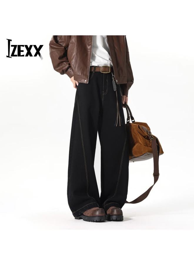 Izexx American Casual High Street Men's Jeans Spring Washed Loose Straight Wide-leg Pants Jx51 Black L - Image 3