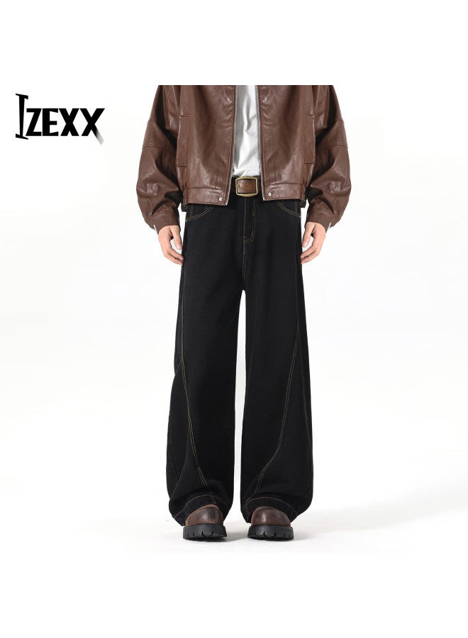 Izexx American Casual High Street Men's Jeans Spring Washed Loose Straight Wide-leg Pants Jx51 Black L - Image 2