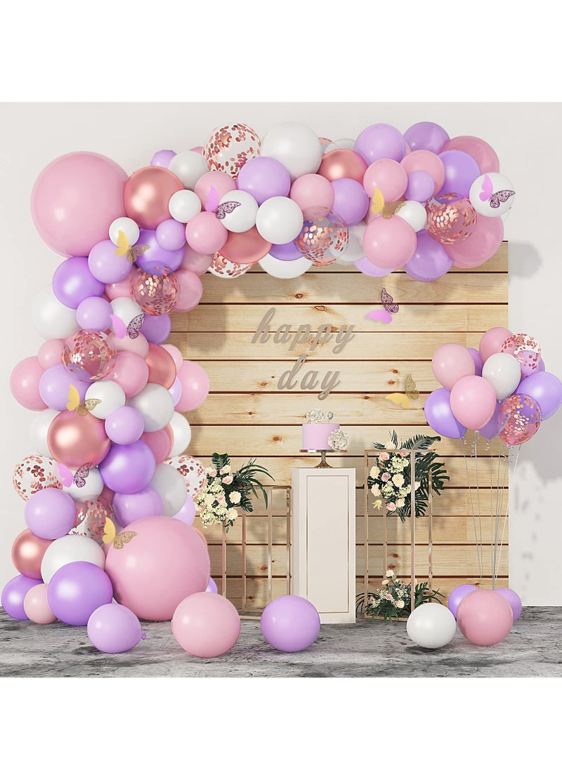 إكسفور Party Decorations, 121 Pcs erfly Birthday Party Decorations Set, Rose Gold White Pink and Purple Balloons Arch Garland Kit, Confetti Foil Balloons Banners for Girl Birthday Party - Image 1