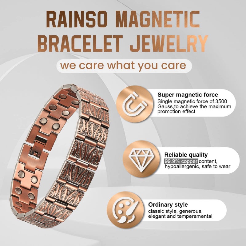 RainSo 99.99% Men Double Row Pure Copper Magnetic Bracelet for Men 3500 Gauss with Gift Box Adjustable - Image 4