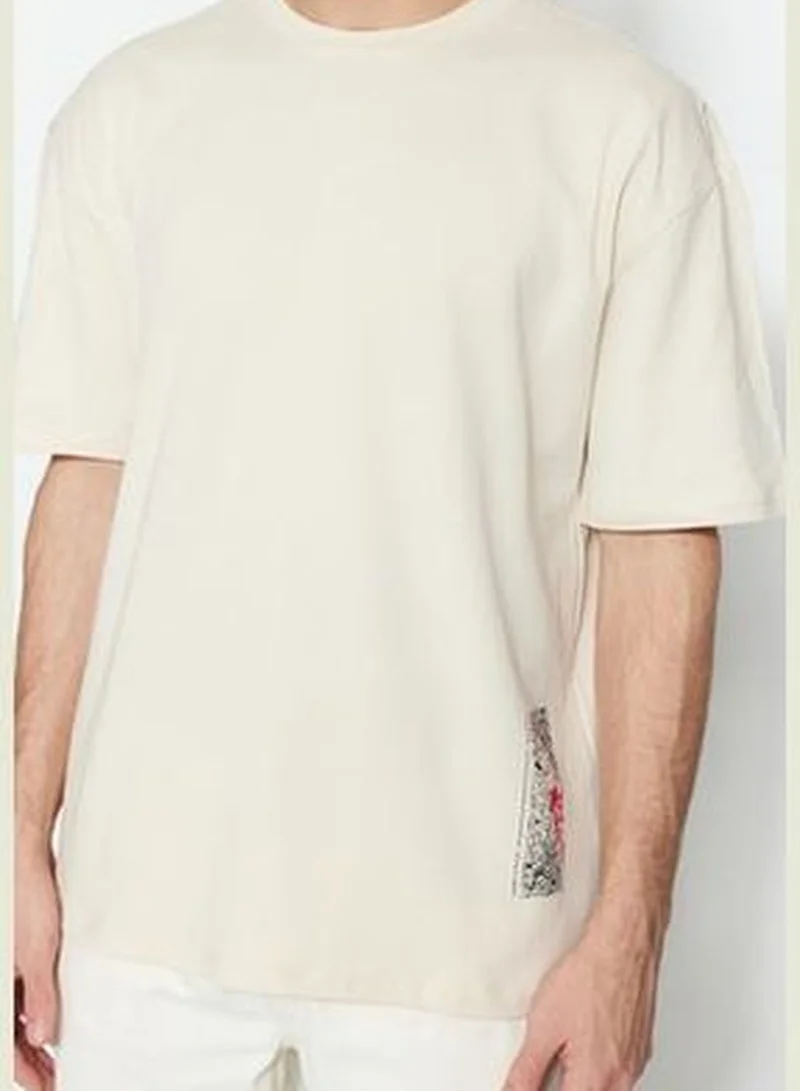 trendyol Taş Men's Relaxed/Comfortable Cut Crew Neck Short Sleeved Text Printed 100% Cotton T-Shirt.