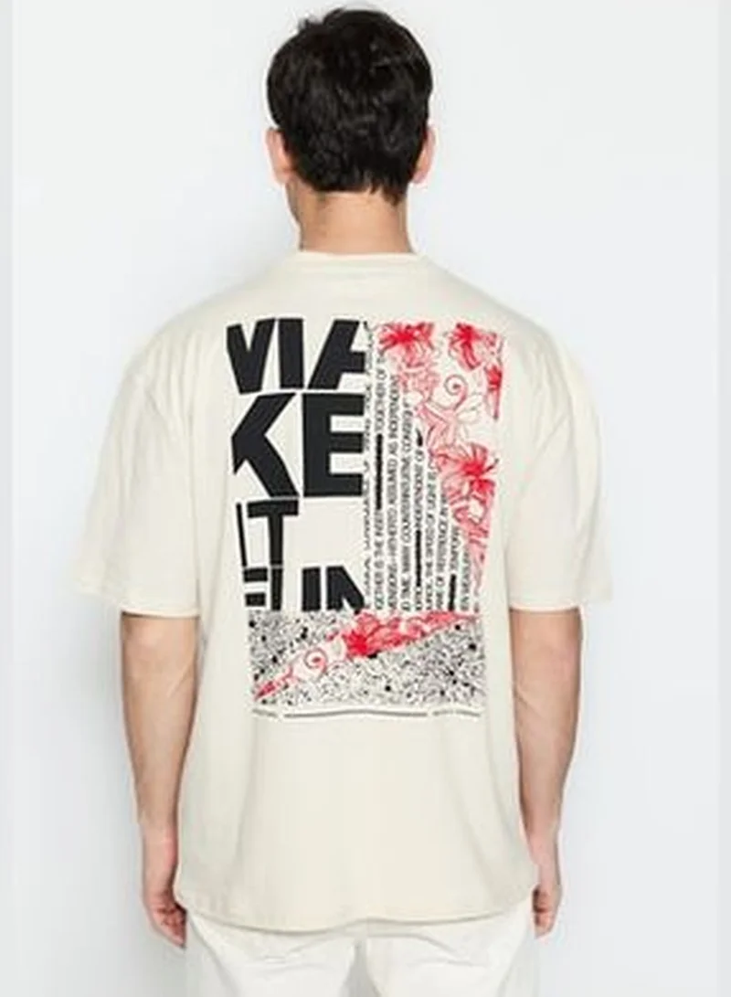 trendyol Taş Men's Relaxed/Comfortable Cut Crew Neck Short Sleeved Text Printed 100% Cotton T-Shirt.