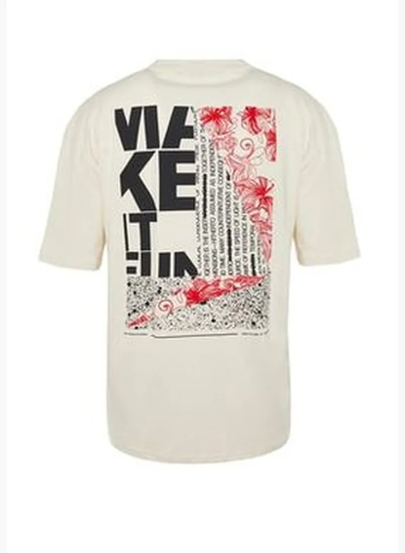 trendyol Taş Men's Relaxed/Comfortable Cut Crew Neck Short Sleeved Text Printed 100% Cotton T-Shirt.