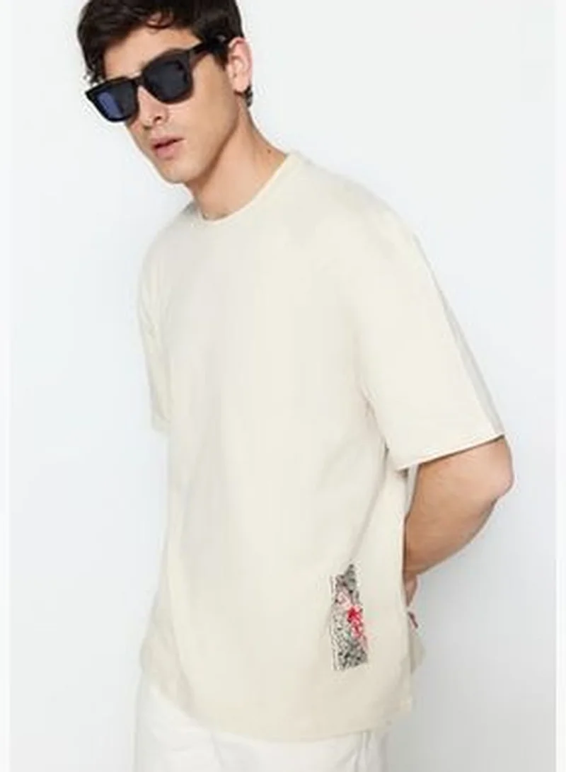 trendyol Taş Men's Relaxed/Comfortable Cut Crew Neck Short Sleeved Text Printed 100% Cotton T-Shirt.