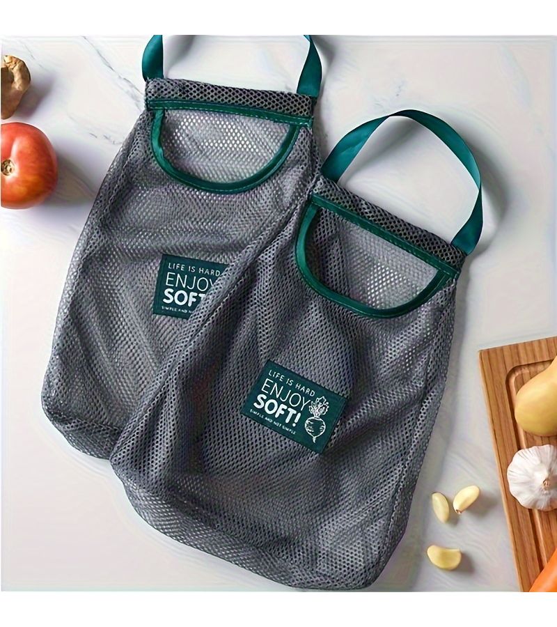 Gray Hanging Mesh Storage Bag with Handle Breathable Reusable Grocery Organizer - Image 1