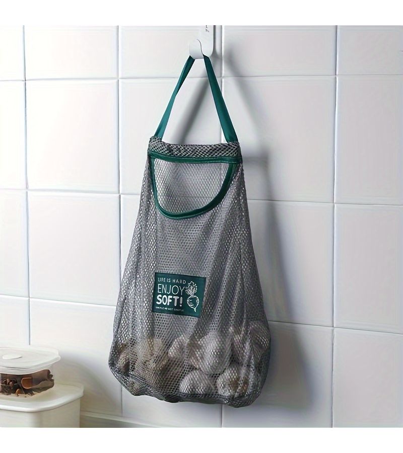 Gray Hanging Mesh Storage Bag with Handle Breathable Reusable Grocery Organizer - Image 2