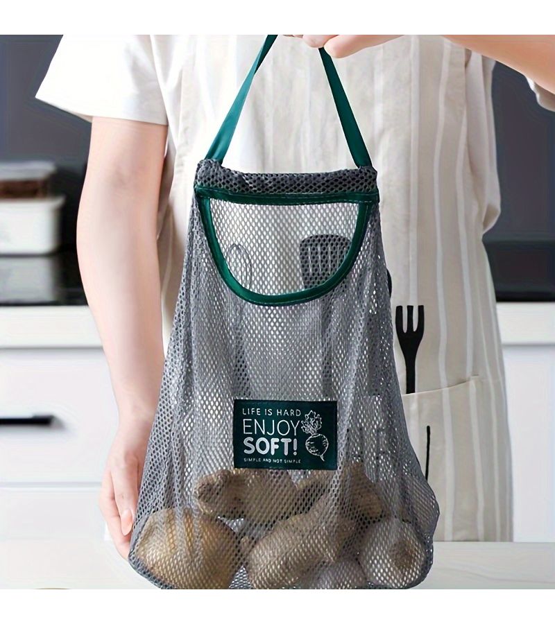 Gray Hanging Mesh Storage Bag with Handle Breathable Reusable Grocery Organizer - Image 3