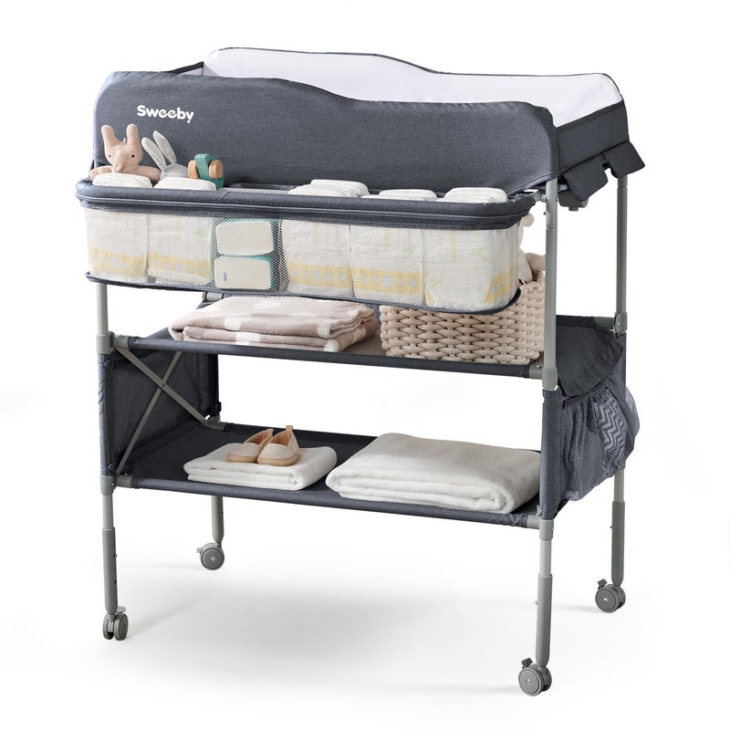 Sweeby Portable Baby Changing Table Foldable Diaper Changing Station with Waterproof Pad Mobile Nursery Organizer for Infant Newborn Essentials Dark Grey