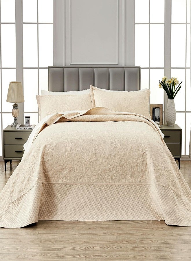 Qucover غطاء سرير كينغ كوفر ألاسكا 132x 120، غطاء سرير كينغ كبير الحجم، مجموعة أغطية سرير كينغ كبيرة الحجم من 3 قطع، مصنوعة من الألياف الدقيقة الناعمة وخفيفة الوزن، بتصميم كويليتنج بايسلي، مع أغطية وسائد، بيج - Image 2
