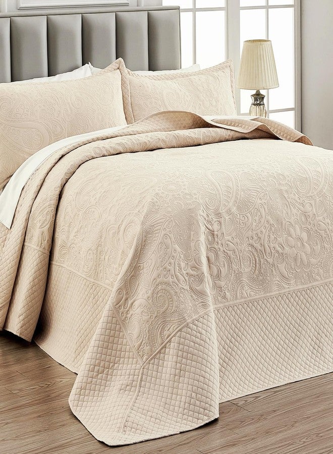 Qucover غطاء سرير كينغ كوفر ألاسكا 132x 120، غطاء سرير كينغ كبير الحجم، مجموعة أغطية سرير كينغ كبيرة الحجم من 3 قطع، مصنوعة من الألياف الدقيقة الناعمة وخفيفة الوزن، بتصميم كويليتنج بايسلي، مع أغطية وسائد، بيج - Image 1
