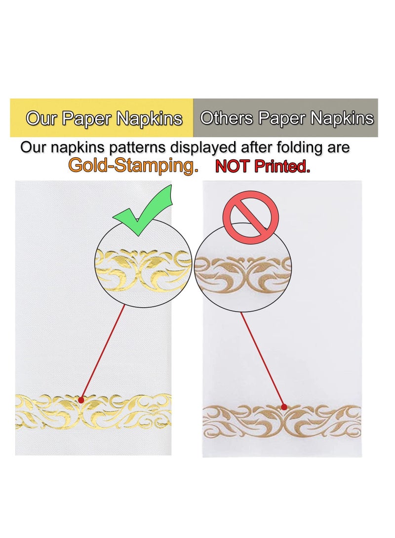 SYOSI 100 Pcs Paper Napkins Disposable Hand Towels for Bathroom, Gold-Stamping 3-Ply Soft and Absorbent Guest Dinner Napkins Durable Party Napkins for Kitchen, Wedding, Dinners or Events, White and Gold - Image 3