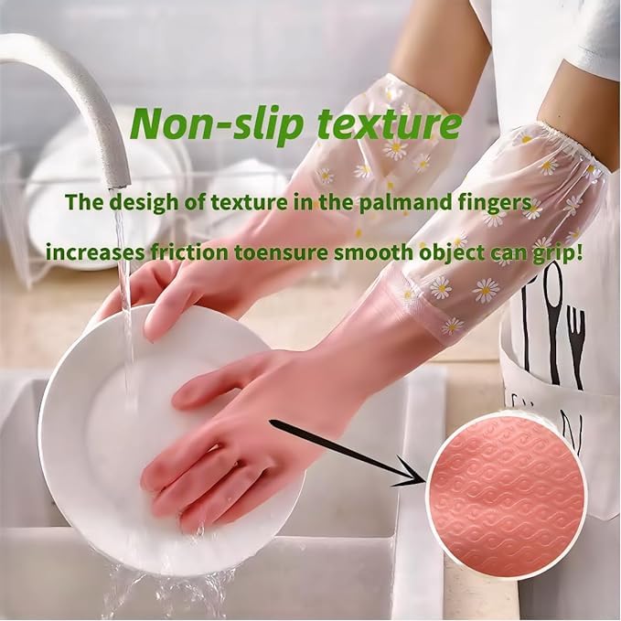 EAYIRA Reusable Heavy Duty Hand Gloves For Dishwashing, Gardening, Kitchen Cleaning Non-Slippery & Durable Long Elbow Length(Inner Cotton Lining For Comfort), 1 Pair (Pink, Pack of 2) - Image 4