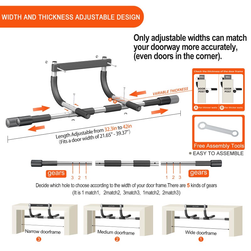 Ally Peaks Pull Up Bar for Doorway,Multiple Levels Width Adjustable Pull Up Bar Accurately Match Wide and Narrow doorframe,Indoor Chin-Up Bar Workout Bar,USA Original Patent - Image 2