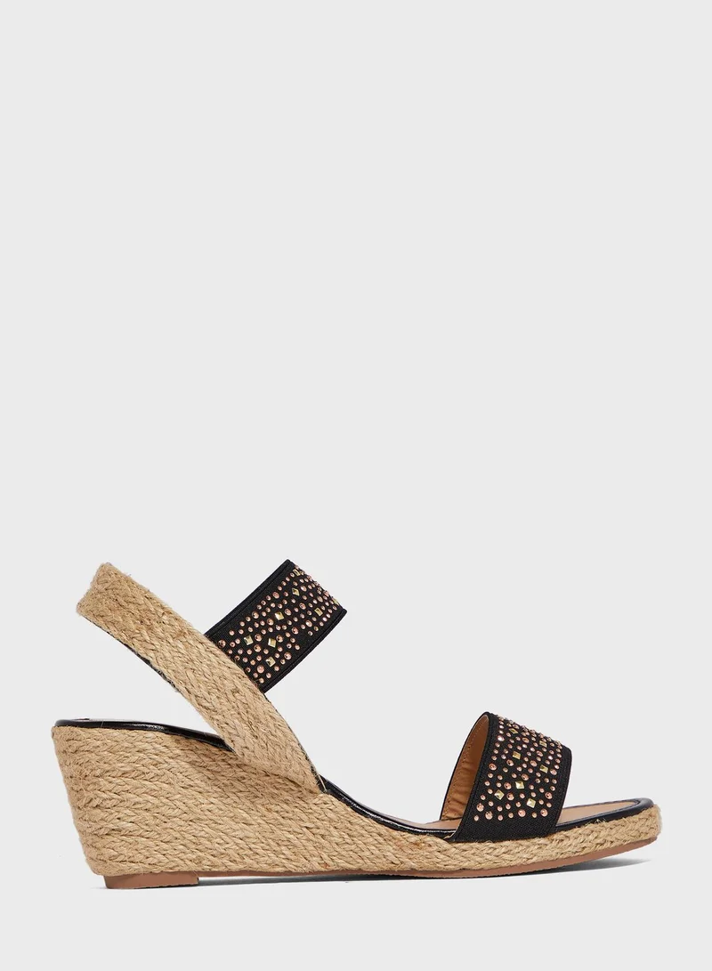 Khizana Diamante Elastic Strap Espadrille Wedges