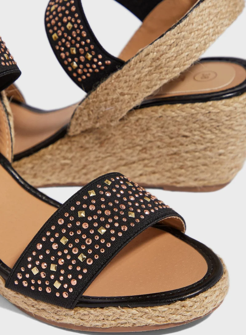 Khizana Diamante Elastic Strap Espadrille Wedges