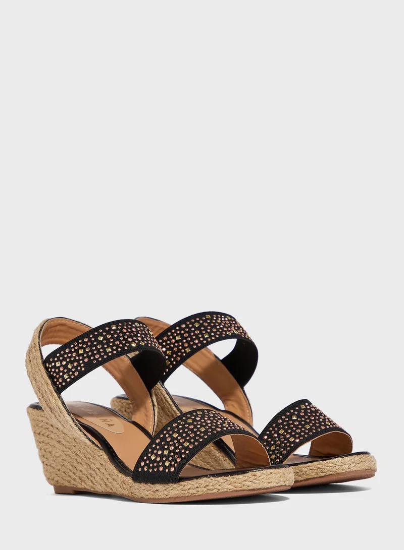Khizana Diamante Elastic Strap Espadrille Wedges