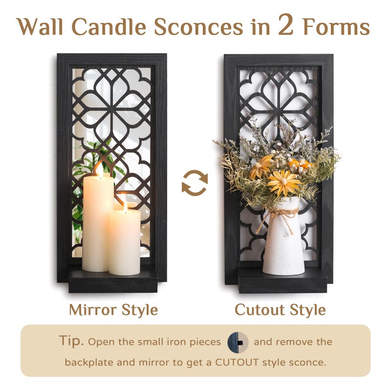 Walasis Black Candle Sconces Wall Decor - Gothic Wood Candle Shelves Decor for Plant Display - Halloween Wall Candle Holder Vintage Sconces for Office Fireplace Window Hallway - Image 2