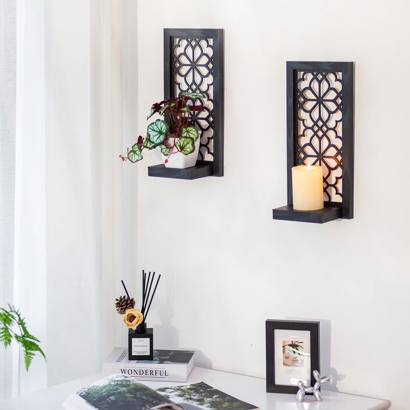 Walasis Black Candle Sconces Wall Decor - Gothic Wood Candle Shelves Decor for Plant Display - Halloween Wall Candle Holder Vintage Sconces for Office Fireplace Window Hallway - Image 4