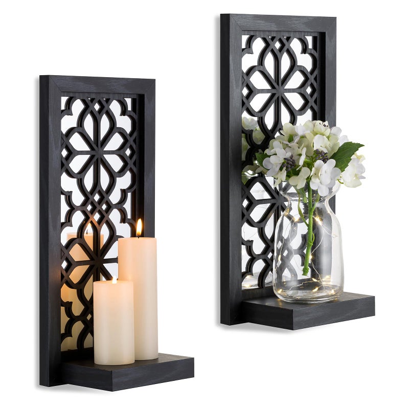 Walasis Black Candle Sconces Wall Decor - Gothic Wood Candle Shelves Decor for Plant Display - Halloween Wall Candle Holder Vintage Sconces for Office Fireplace Window Hallway - Image 1