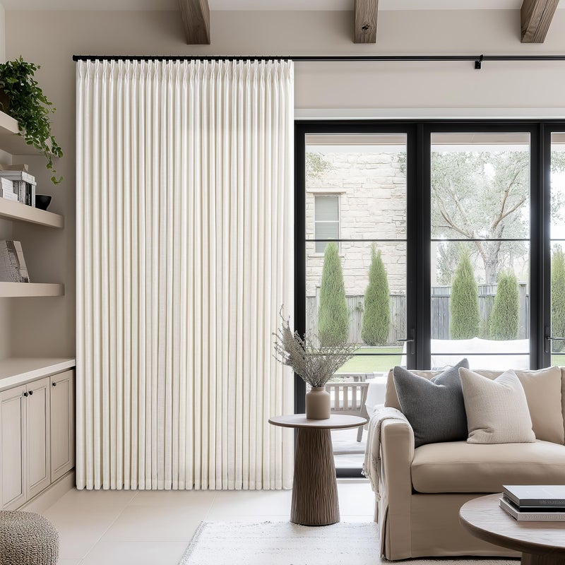 Seeluck Cream Ivory Pinch Pleated Extra Wide Linen Curtains 84 Inches Long for Patio Sliding Glass Door 70 Inch Wide Pleated Drapes with Hooks Rings Back Tab Semi Sheer 70x84 Curtain for Living Room 1 Panel - Image 1