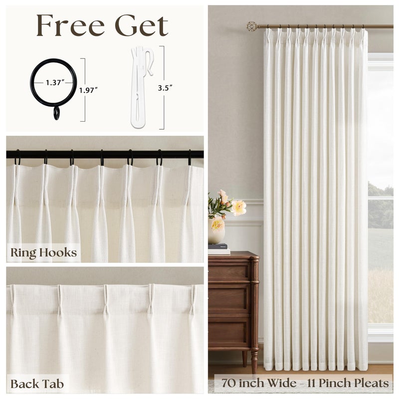 Seeluck Cream Ivory Pinch Pleated Extra Wide Linen Curtains 84 Inches Long for Patio Sliding Glass Door 70 Inch Wide Pleated Drapes with Hooks Rings Back Tab Semi Sheer 70x84 Curtain for Living Room 1 Panel - Image 3