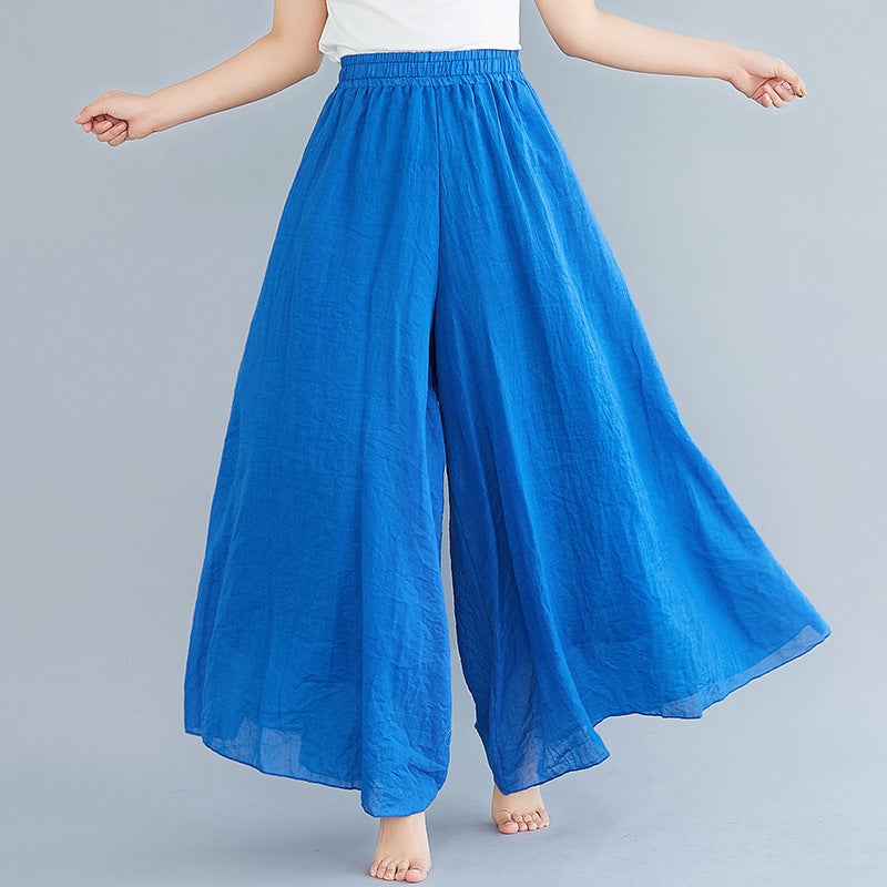 12 Color Lotte 2023 Mori Womens Artistic Large Size Cotton and Linen Pant Skirt Elastic Waist Linen Solid Color Ethnic Style Large Pant Skirt Royal Blue