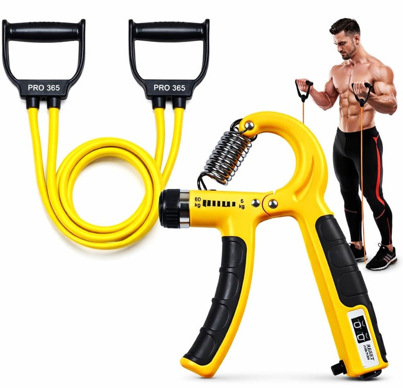 PRO365 Adjustable Hand Gripper with Counter (5–60Kg) + Resistance Toning Tube | Grip Strength Trainer for Wrist, Forearm & Hands | Latex Fitness Tube Combo | Home Workout Equipment | 1 Year Brand Warranty - Image 1