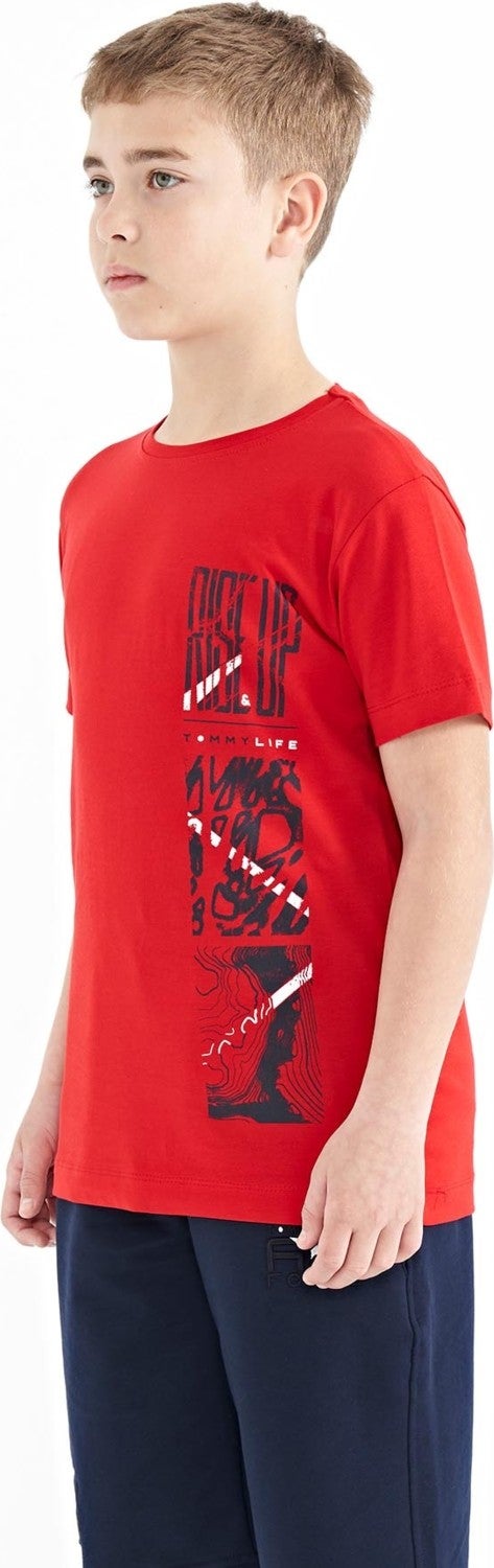 Tommy Life Red Print Detailed O Neck Standard Pattern Boy T-Shirt - 11104 - Image 5