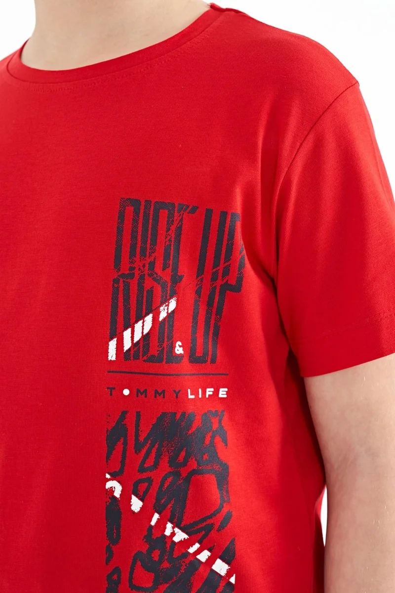 Tommy Life Red Print Detailed O Neck Standard Pattern Boy T-Shirt - 11104