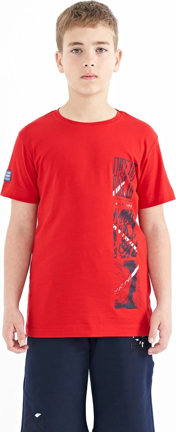 Tommy Life Red Print Detailed O Neck Standard Pattern Boy T-Shirt - 11104