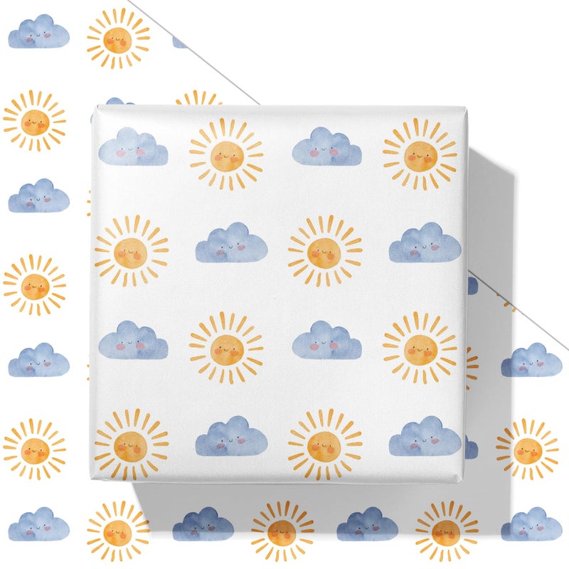 SaringSwoon Sun Baby Shower Wrapping Paper for Kids Boys Girls - Happy Weather Gift Wrap With Sun Smile and Cloud Design for Birthday, Baby Shower Kids Party - 28Ã—40 Inches, 4 Jumbo Folded Sheets - Image 1