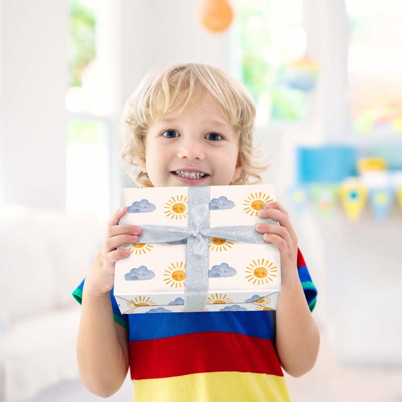 SaringSwoon Sun Baby Shower Wrapping Paper for Kids Boys Girls - Happy Weather Gift Wrap With Sun Smile and Cloud Design for Birthday, Baby Shower Kids Party - 28Ã—40 Inches, 4 Jumbo Folded Sheets - Image 2