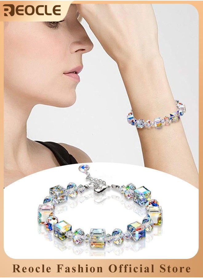 REOCLE Women's Sterling Silver Bracelets Northern Lights Crystals Bracelet 7" Plus 2" Extension Mother's Day Birthday Anniversary Jewelry Gift for Women Girls  - Image 1