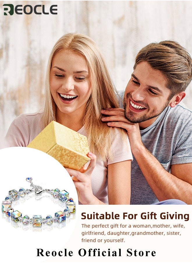 REOCLE Women's Sterling Silver Bracelets Northern Lights Crystals Bracelet 7" Plus 2" Extension Mother's Day Birthday Anniversary Jewelry Gift for Women Girls  - Image 4