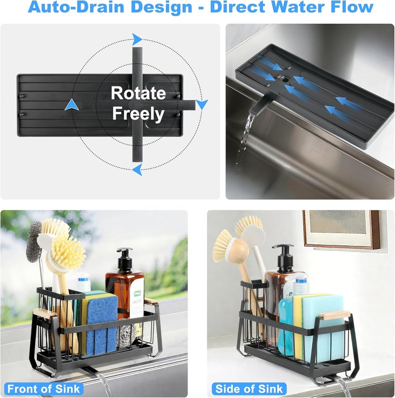 Ouletoy Sponge Holder for Kitchen Sink Caddy Organizer and Storage with Suction Cups, Sink Sponge Caddy with Dish Brush Holder and Soap Dispenser, Stainless Steel Bathroom Countertop Drain Rack - Image 3