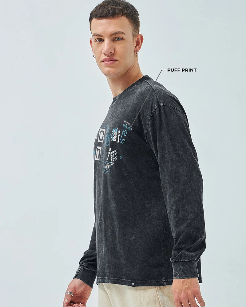 بيواكوف Men's Black Electric Junkie Graphic Printed Oversized Acid Wash T-shirt