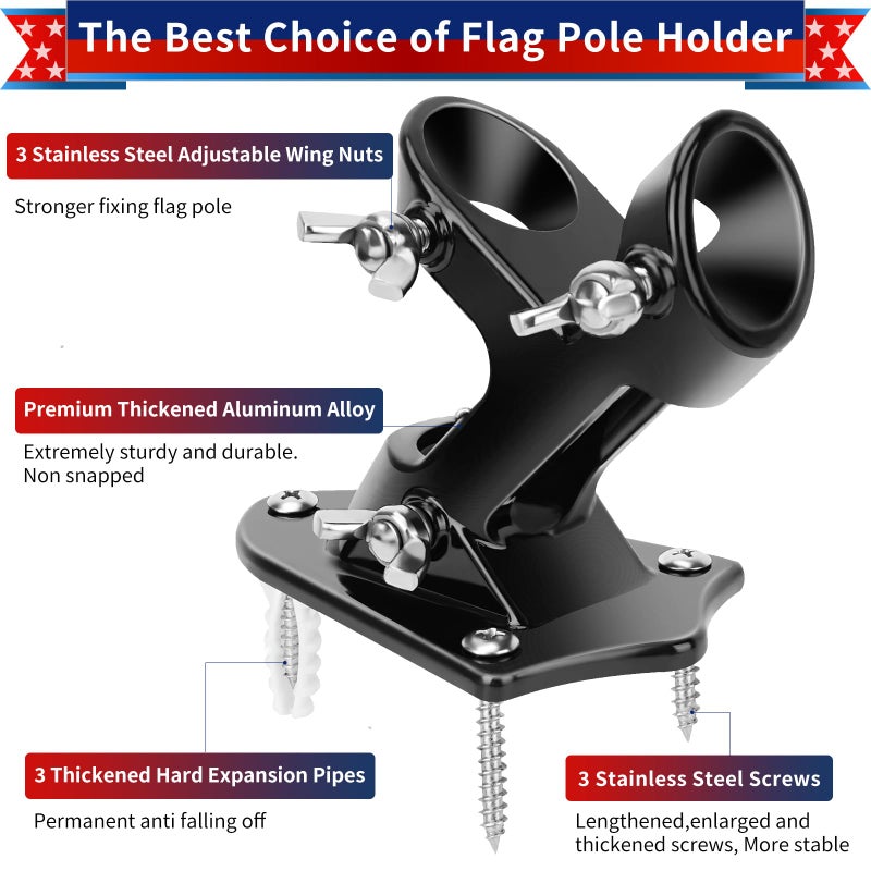 HPGOED Flag Pole Holder, Outside House Flag Pole Bracket, Heavy Duty Metal Flag Mount, Aluminum Alloy Mounting Brackets, Outdoor Flag Holder- Strong Rust Free, Dual Position 1 inch Black - Image 2