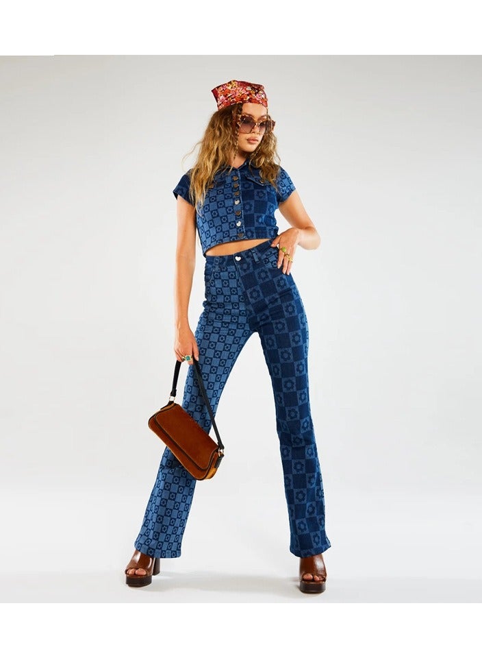 Loquat Fashion Women's Print Washed Slim Denim Wide-leg Trousers - Image 1