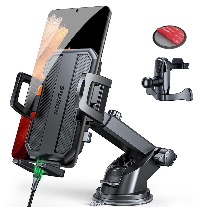 SUUSON Upgraded 3-in-1 Car Phone Holder Mount [Powerful Suction] Phone Mount for Car Dashboard Air Vent Windshield,for All iPhone Android Phone, Jet Black - Image 1