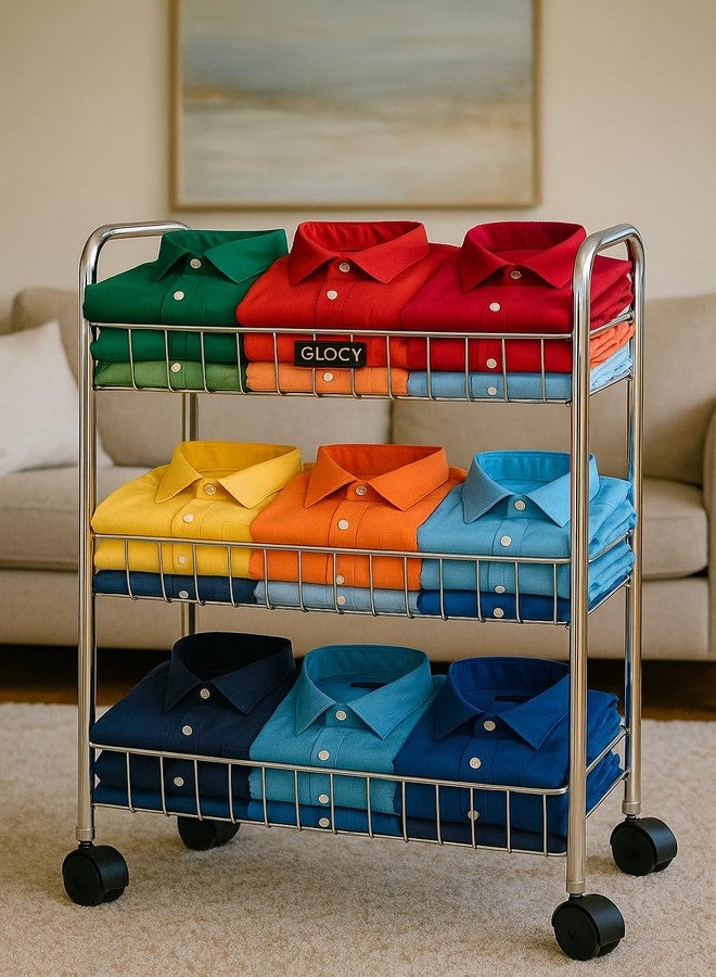 GLOCY 3-Tier Rolling Cart, Stainless Steel Storage Trolley with Wheels, Multi-Purpose Utility Organizer for Kitchen, Nursery, Office - Image 2